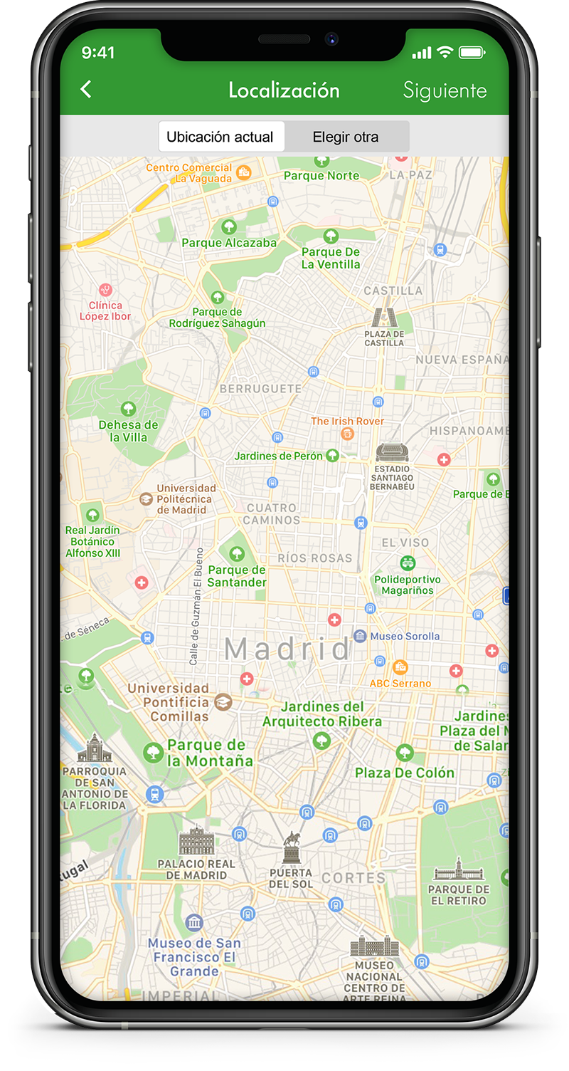 Automáticamente la APP lo geolocaliza en el mapa